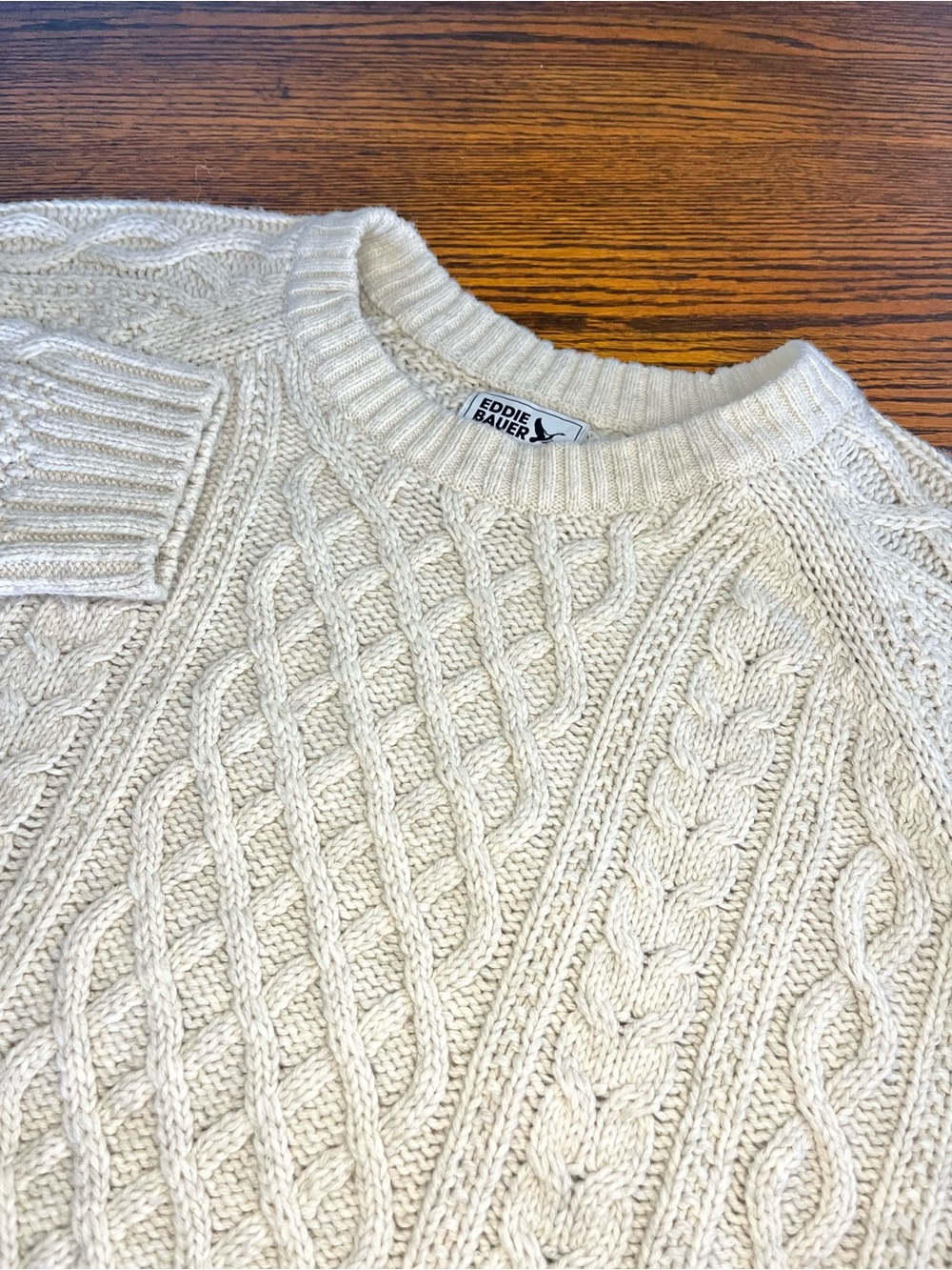 Eddie Bauer Wool Cotton Cable Knit Sweater Mens 2XL Cream Fisherman Crewneck